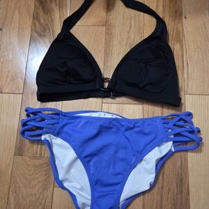 PINK Victoria's Secret Black Halter Top with Bright Blue Strappy Bottoms